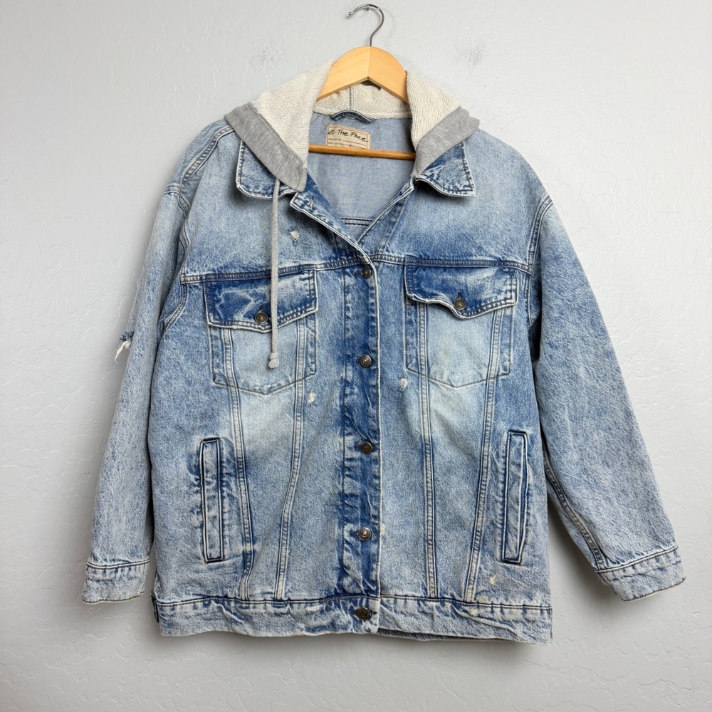 We The Free People Distressed Denim Hooded Jacket Light Wash Oversized Small
